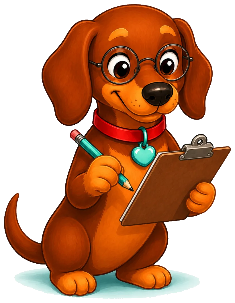 Charlie, the NatBuddy dachshund, taking notes on a clipboard