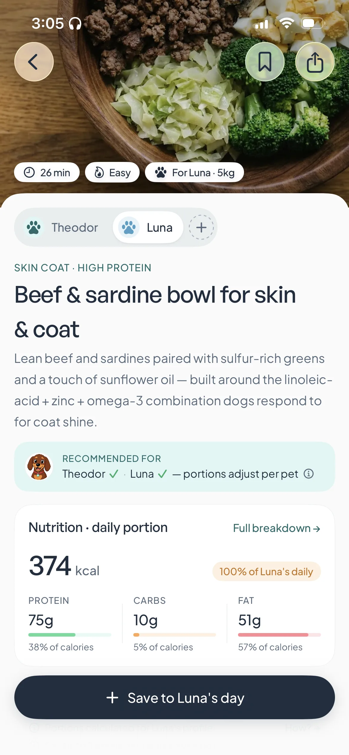 NatBuddy recipe detail — Beef & sardine bowl with per-pet nutrition